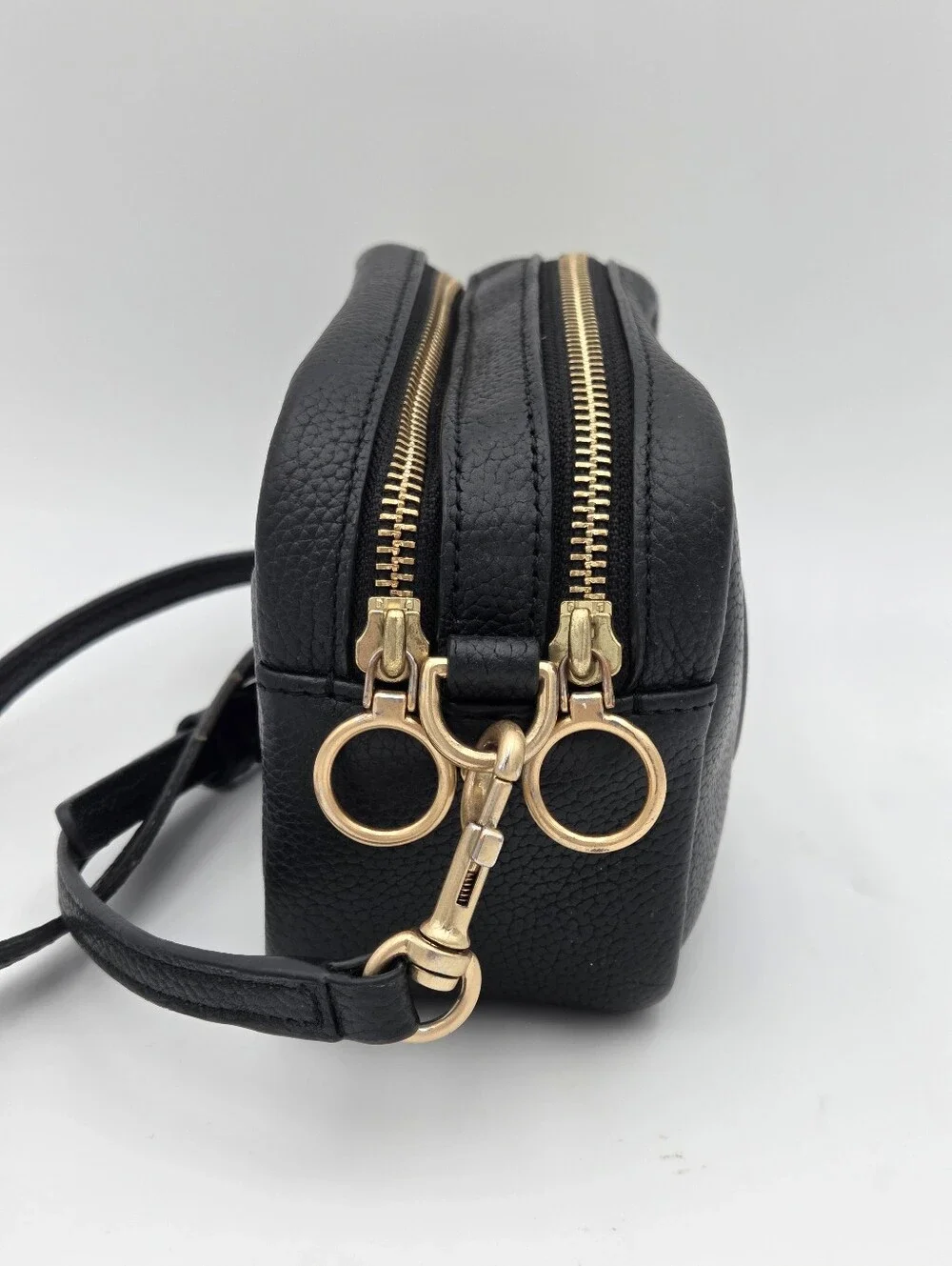 Tory Burch Black Pebbled Leather Crossbody Camera Bag with Gold Hardware